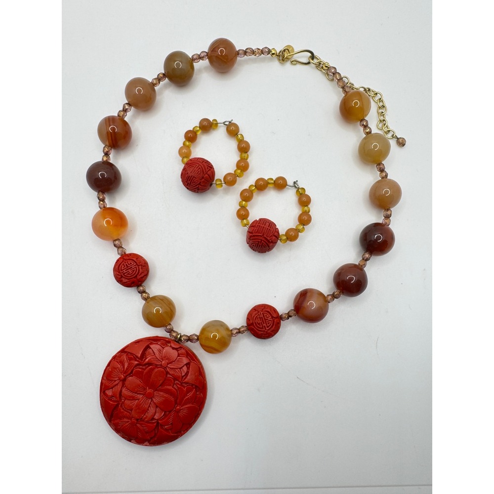 Kenneth Jay Lane KJL Red Carved Cinnabar Style Agate Bead Necklace Earring Set
